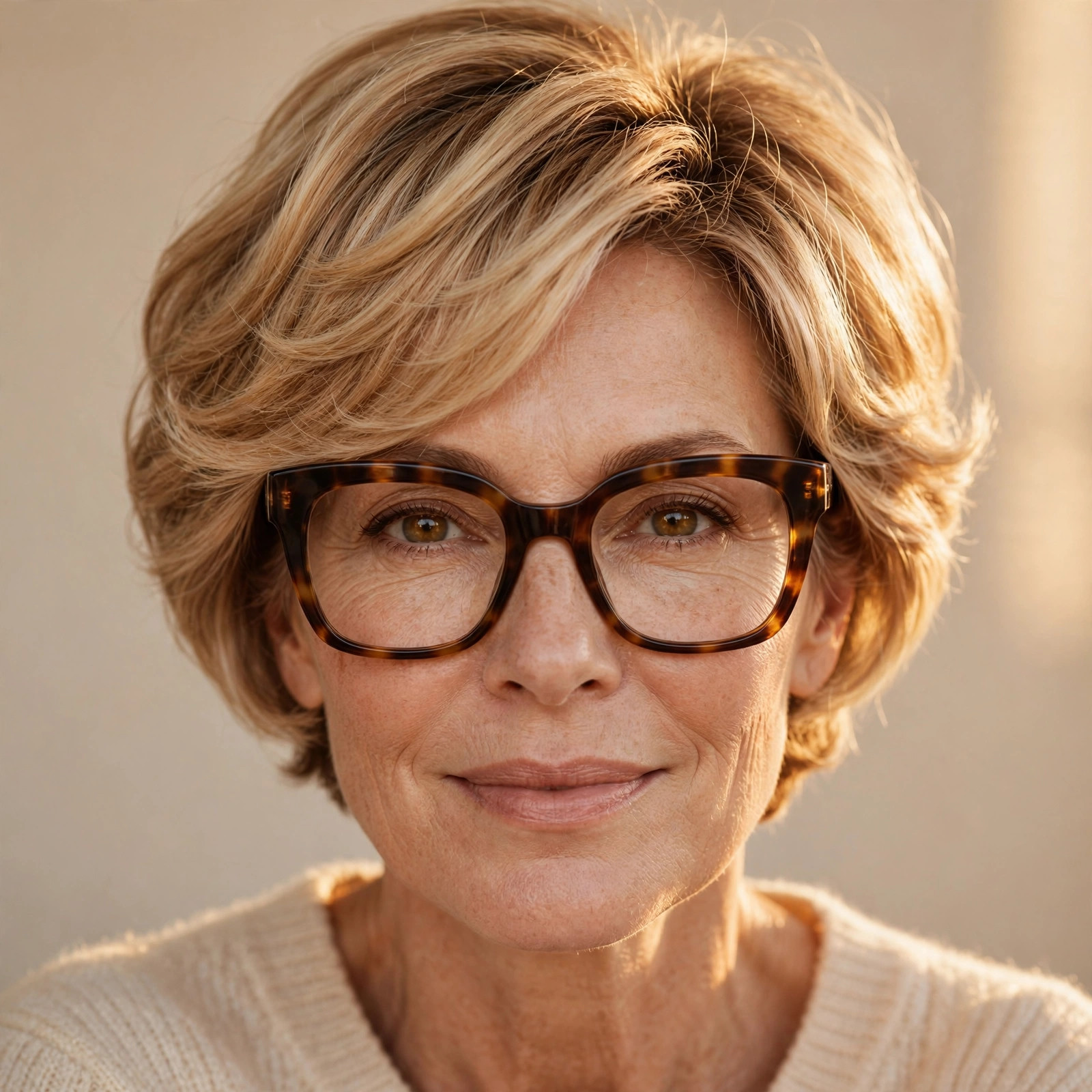 Woman with toasted coconut pixie-bob wearing oversized tortoiseshell glasses