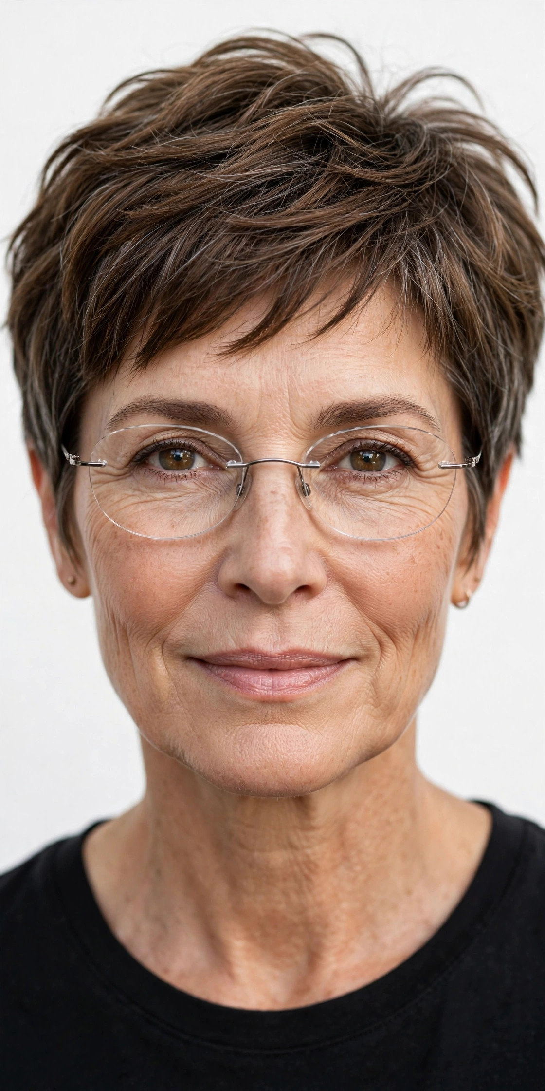 Woman with feathered brunette pixie wearing rimless oval glasses
