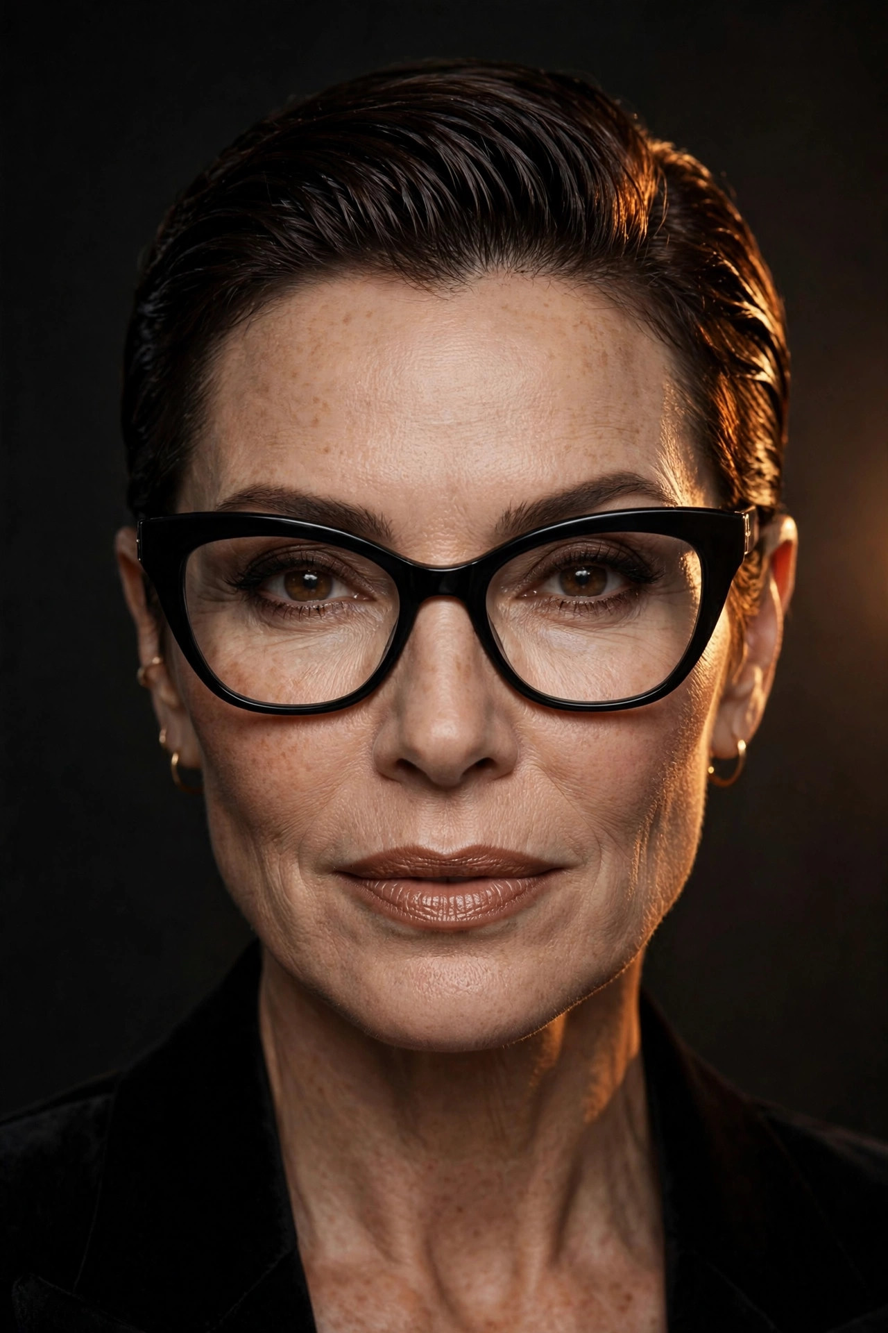 Woman with espresso slicked-back pixie wearing cat-eye glasses