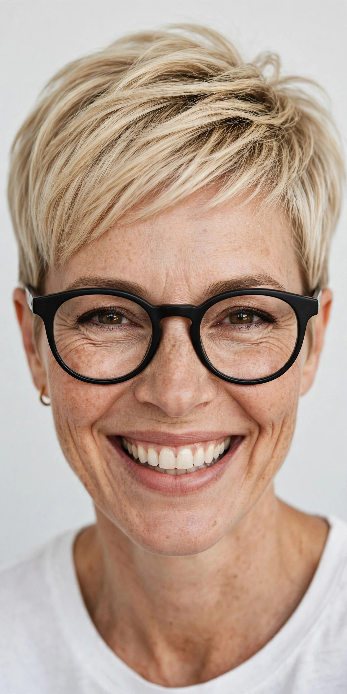 Woman with buttery blonde tapered pixie wearing thick black round glasses