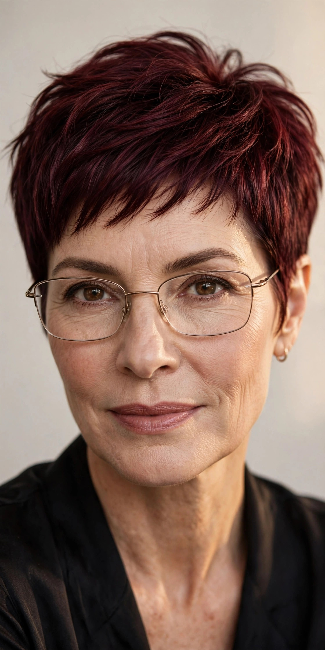 Woman with burgundy cropped pixie wearing thin wire rectangular glasses
