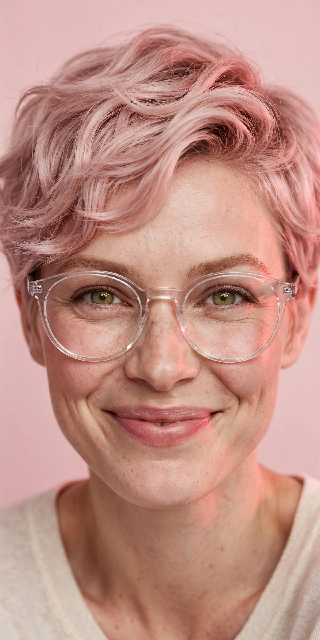 Woman with soft blush pink pixie wearing clear round glasses