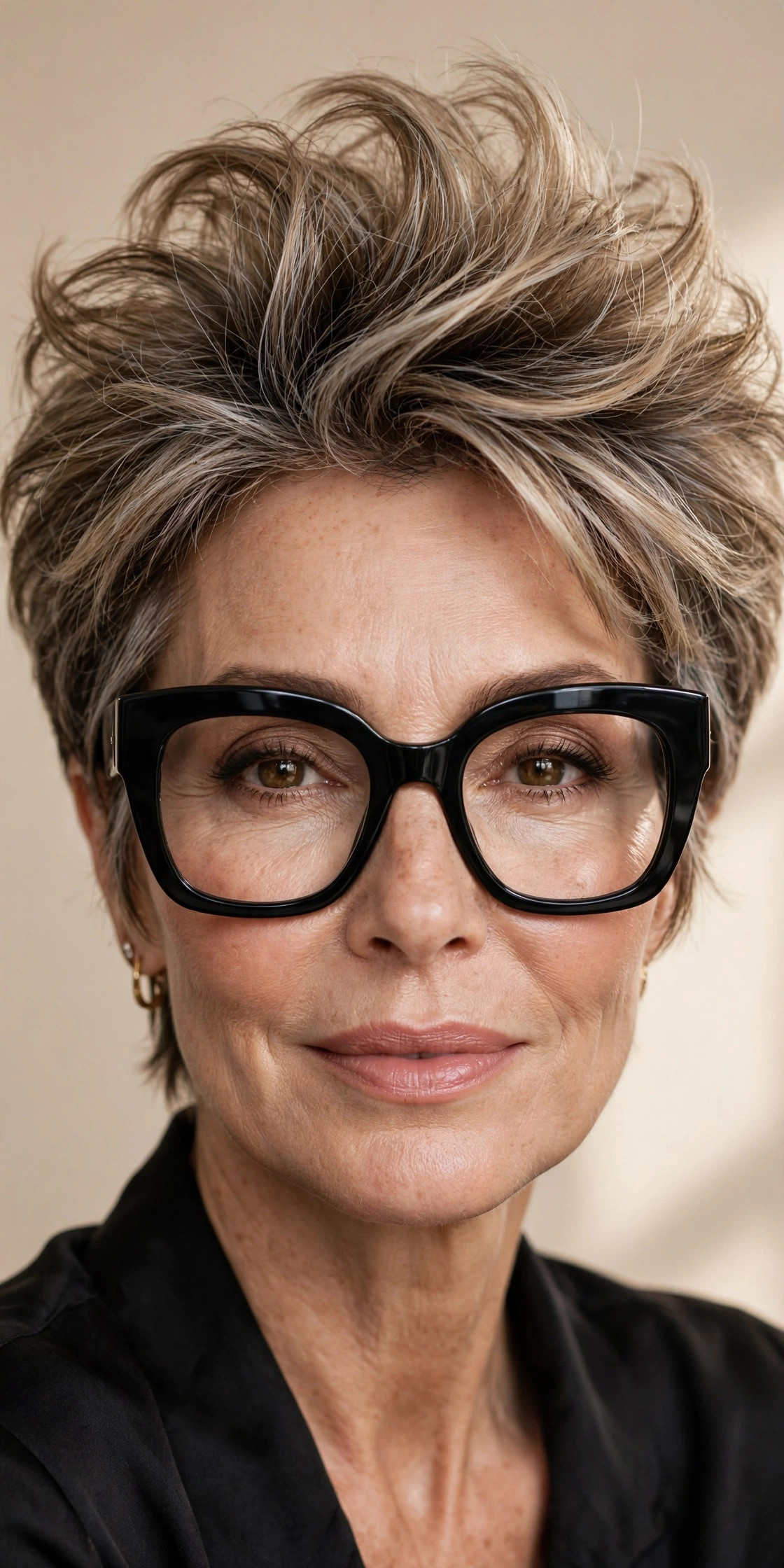 Woman with voluminous crown pixie wearing statement oversized glasses