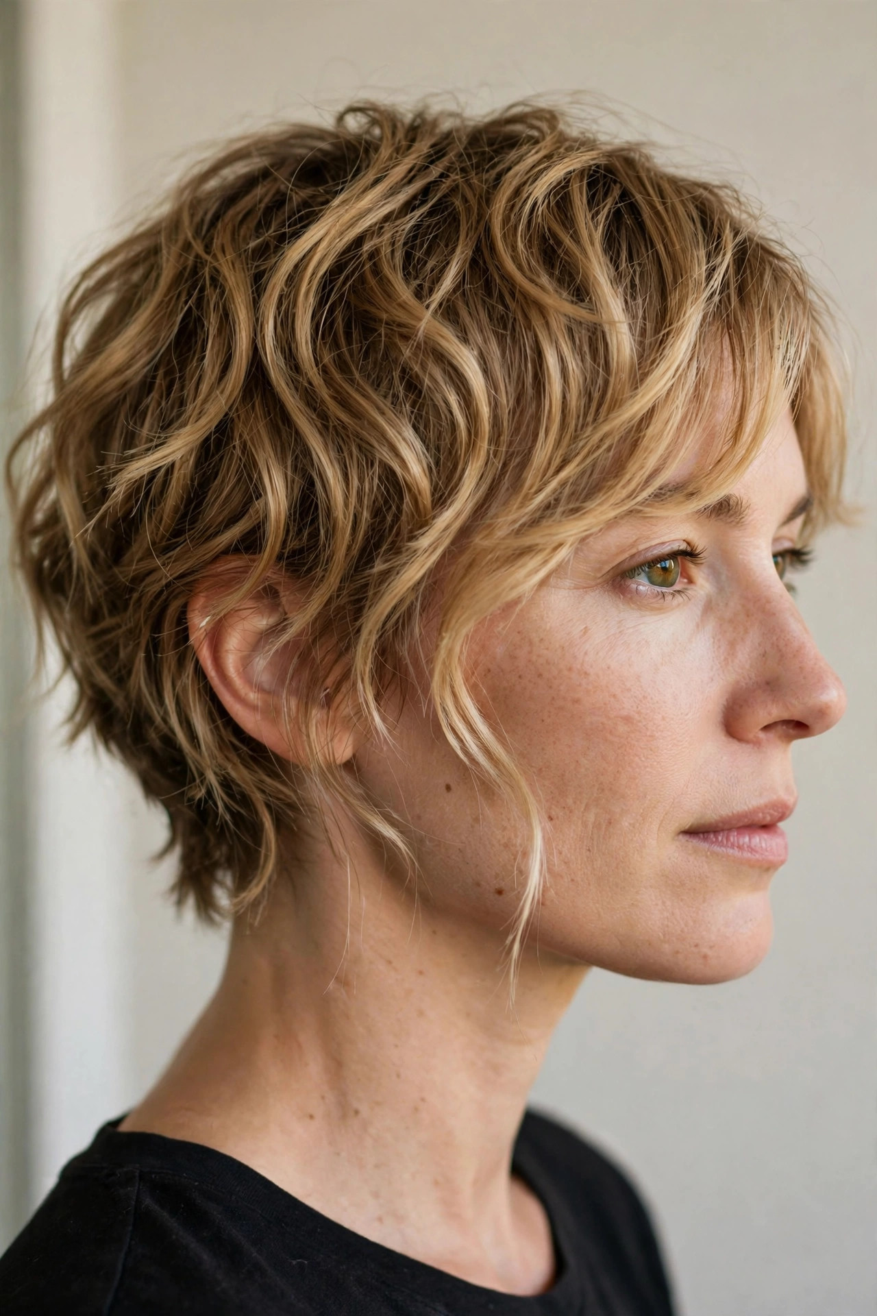 Tousled wavy pixie with a long side fringe in honey blonde, side view