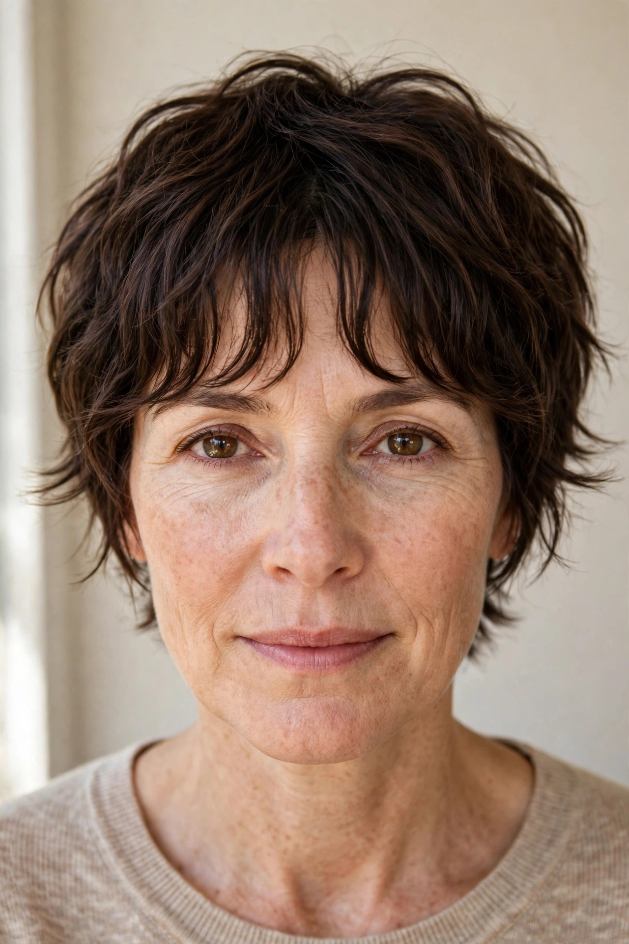 Choppy pixie with a curtain fringe in rich brunette, front view