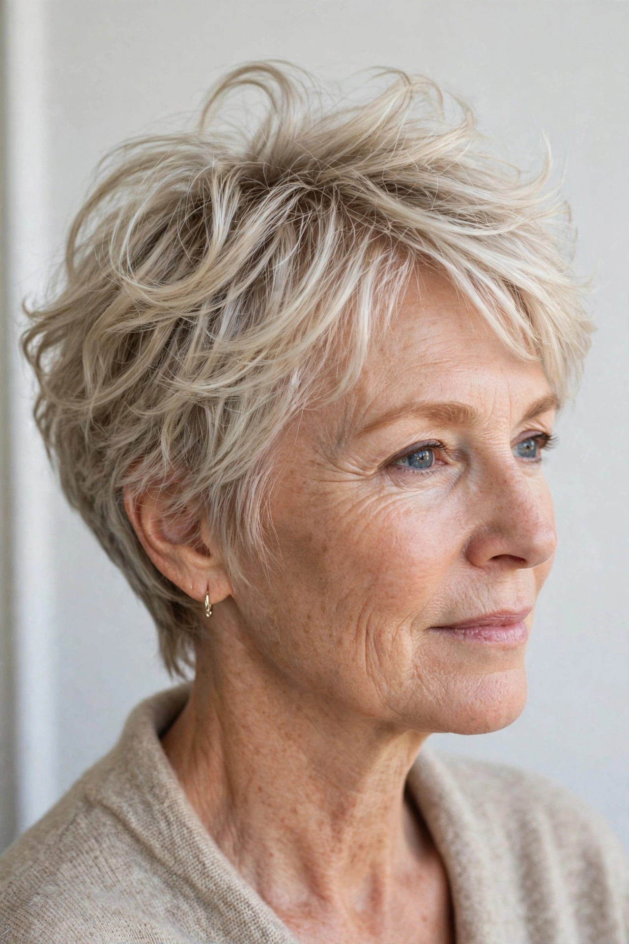 Layered pixie with airy crown lift in ash blonde, three-quarter view