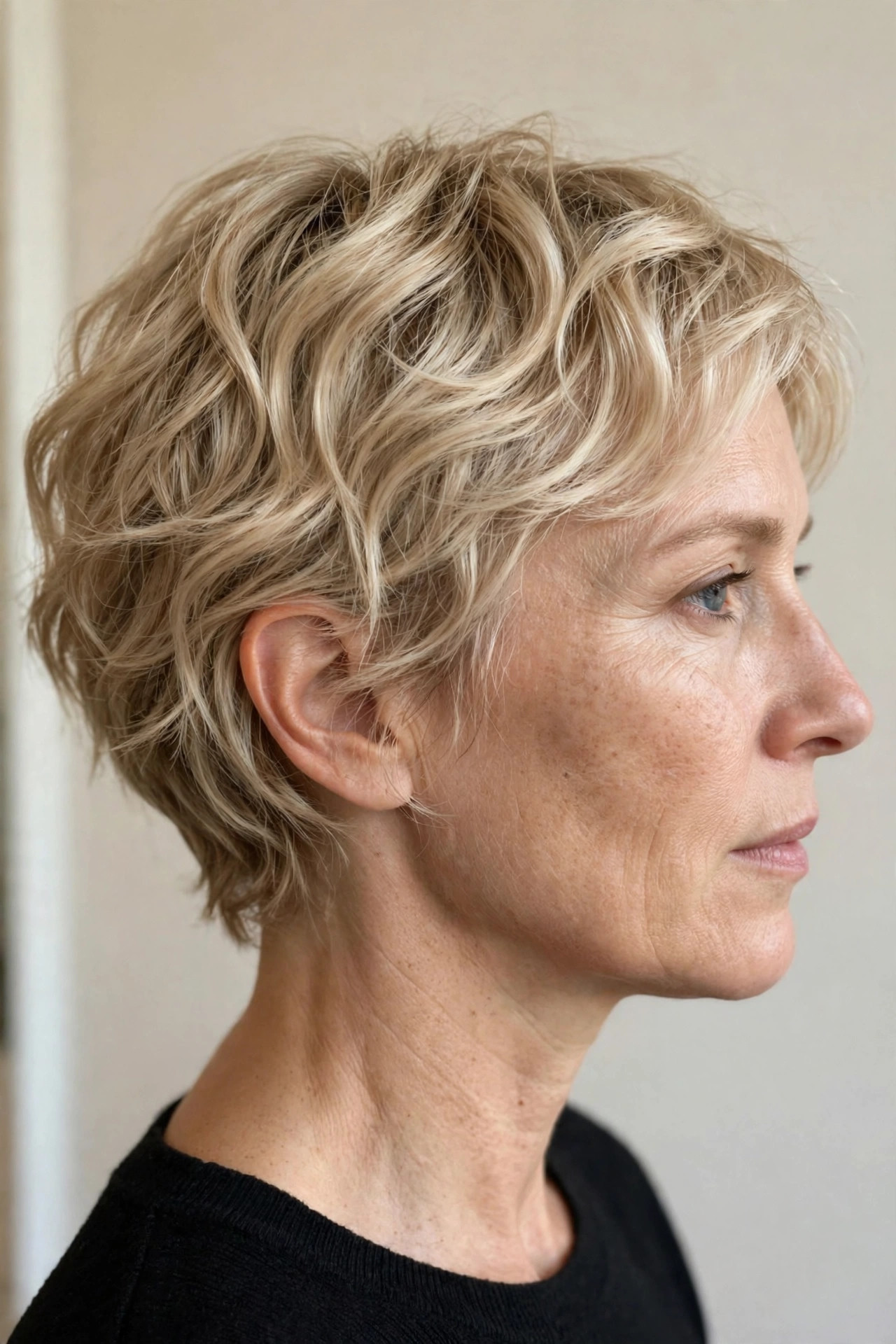 Soft feathered pixie bob in champagne blonde, side view