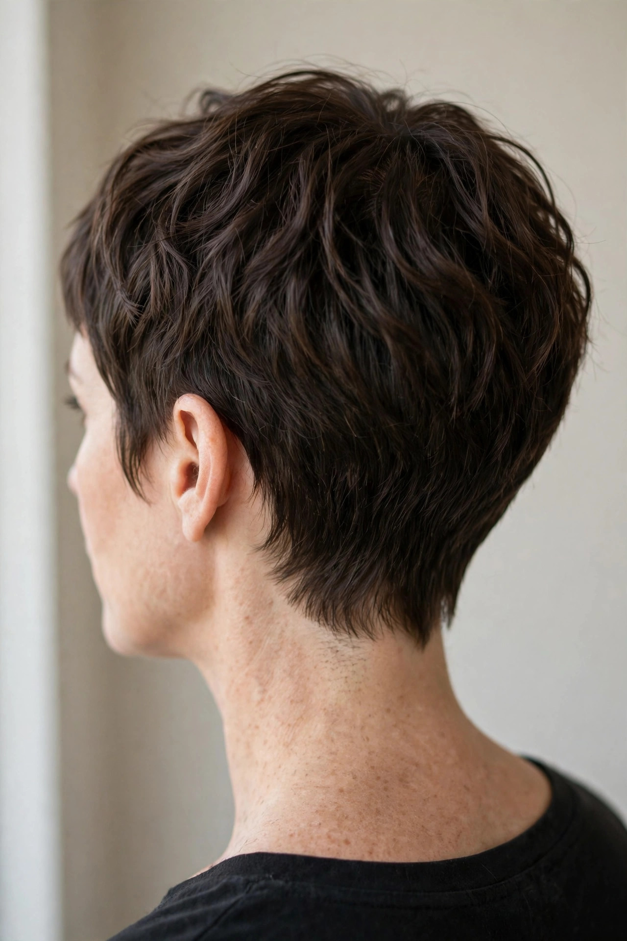 Tapered pixie with loose crown waves in dark brown, back view showing tapered nape
