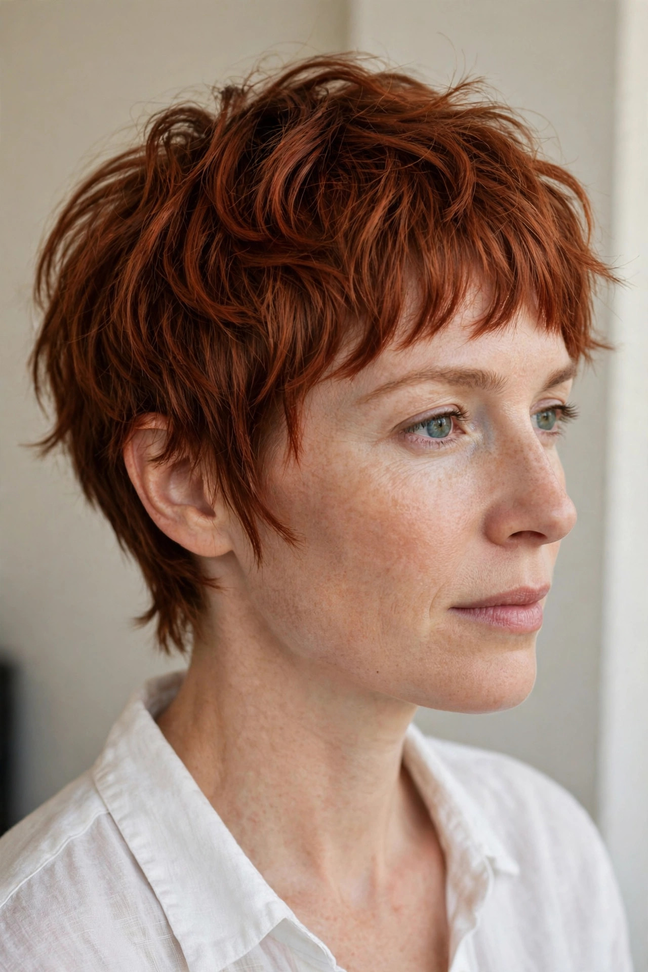 Shaggy pixie with a broken fringe in copper red, three-quarter view
