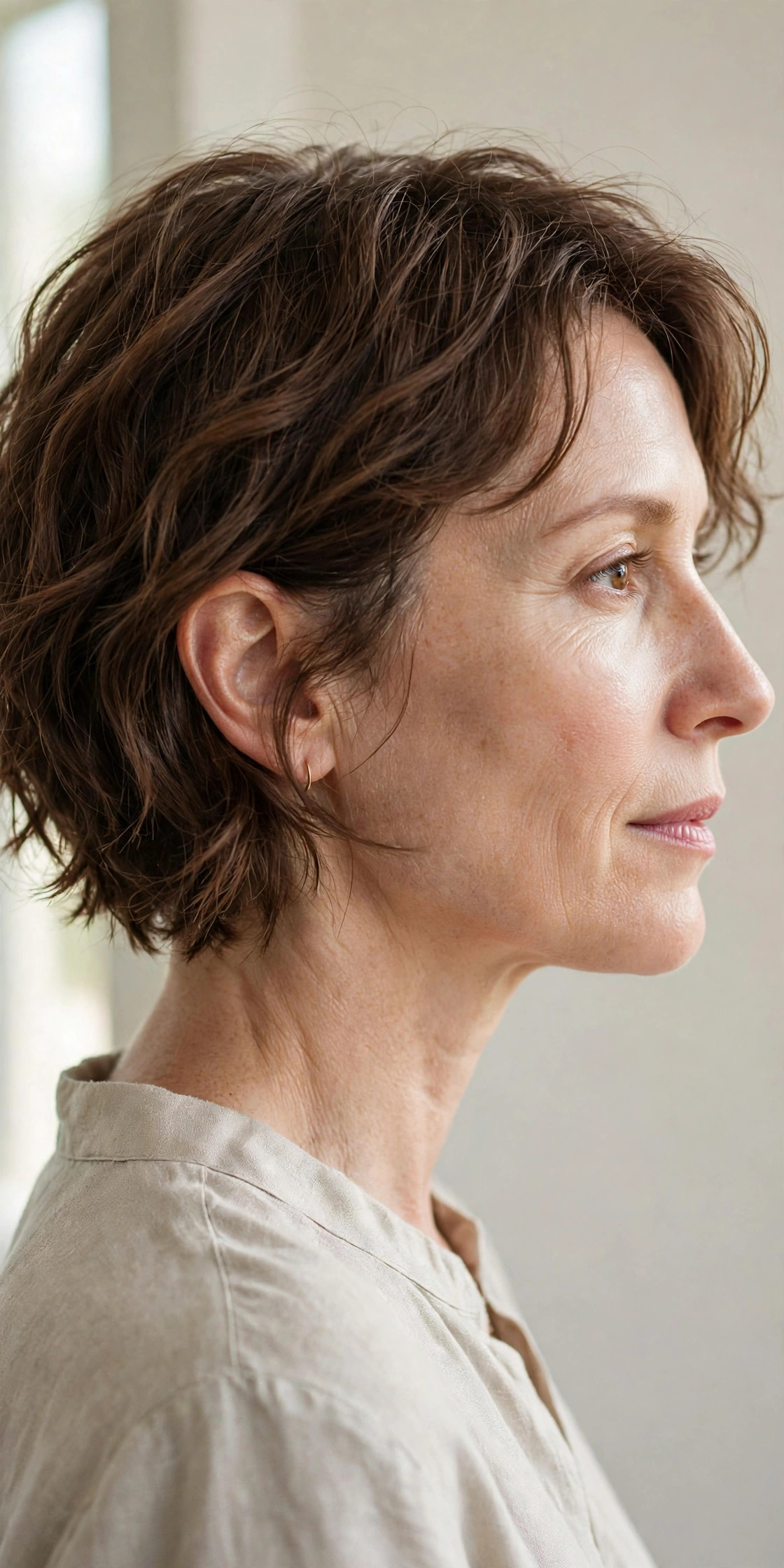 Ear-length wavy pixie bob in chestnut brown, side profile