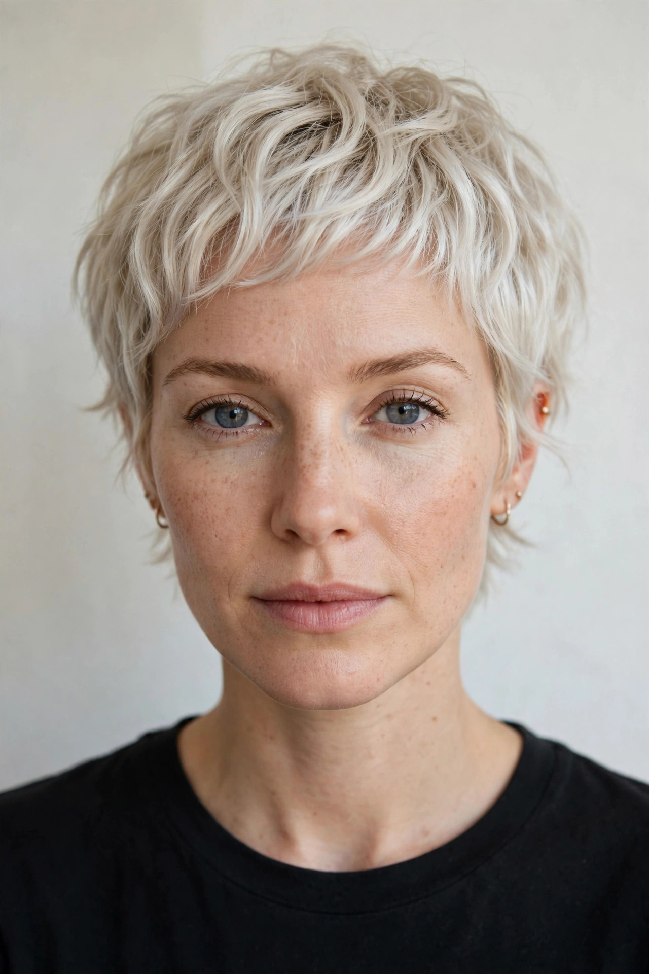 Piecey razor pixie in platinum blonde, front view