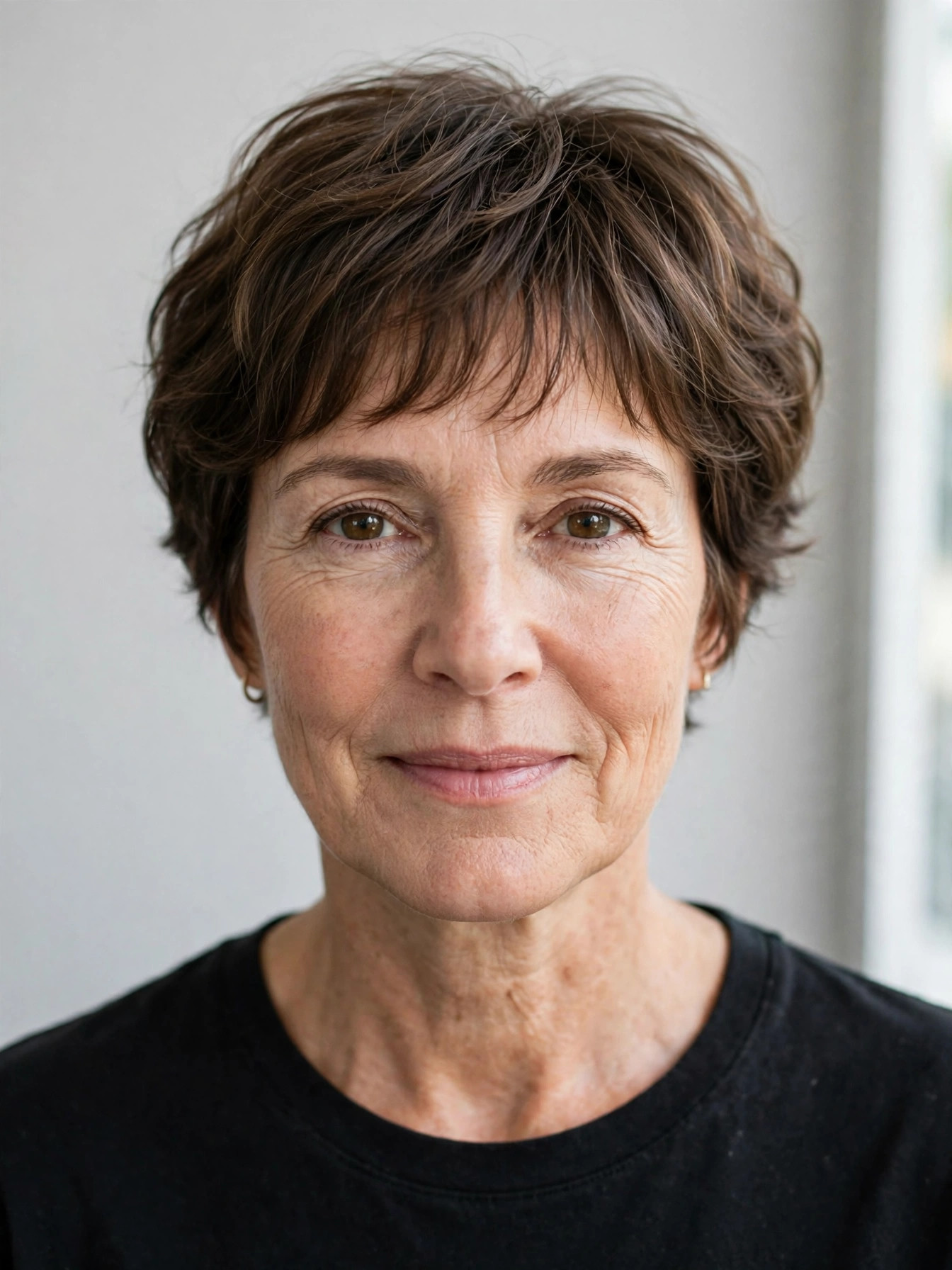 Rounded pixie with wispy bangs in soft brunette, front view