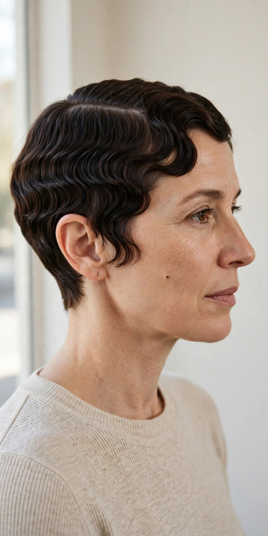 Side-parted pixie with sculpted waves in deep brunette, side view