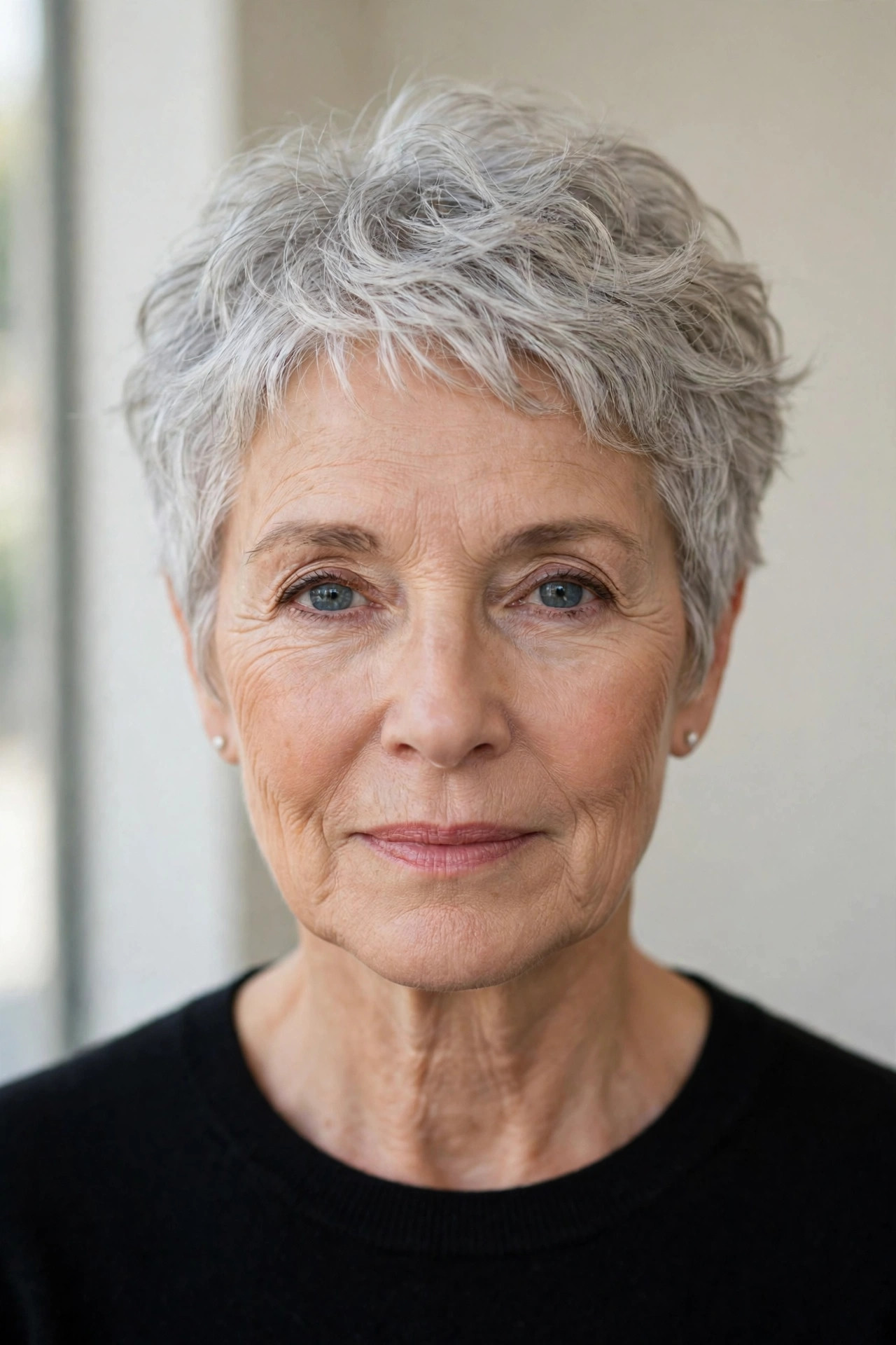 Cropped pixie with fluffy texture in natural silver gray, front view