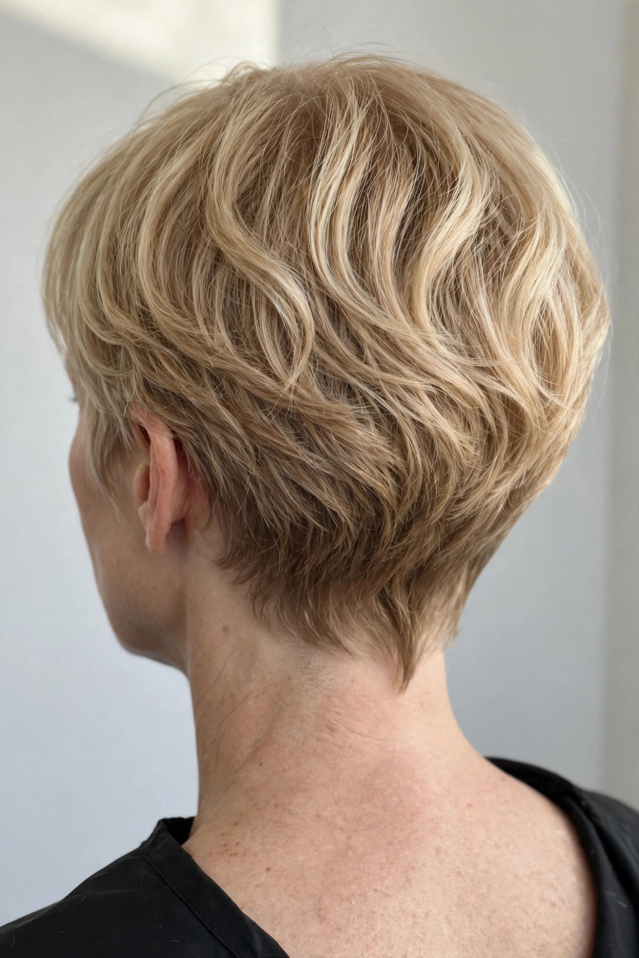 Soft curved pixie with tapered neckline in blonde, back view