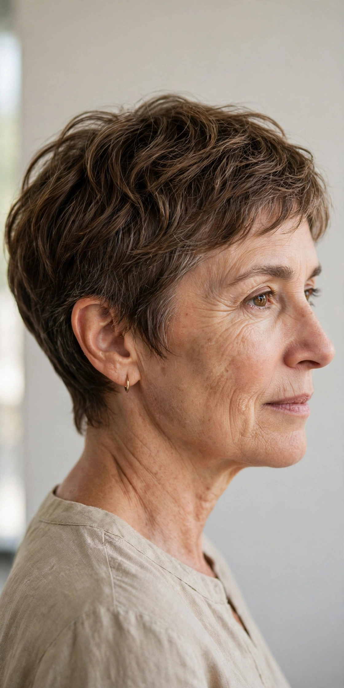 Relaxed Italian pixie crop in warm brunette, side view