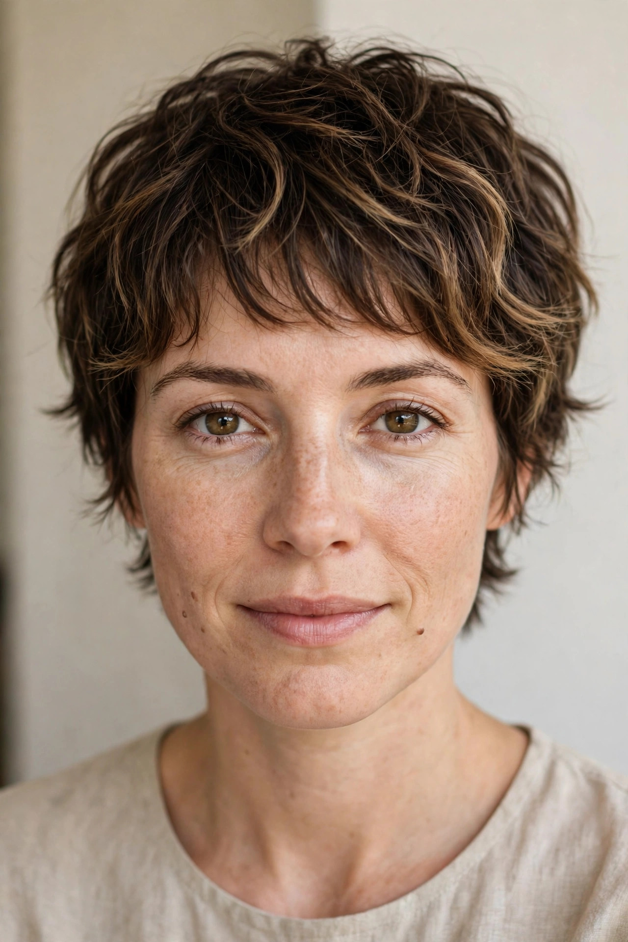 Soft wolf pixie with caramel tips on dark brown hair, front view
