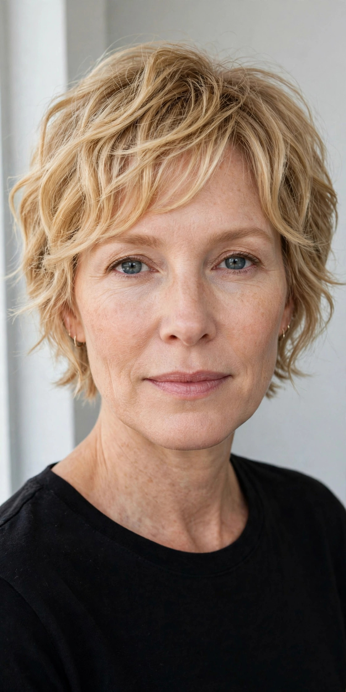 Wispy pixie with soft face-framing layers in golden blonde, front view