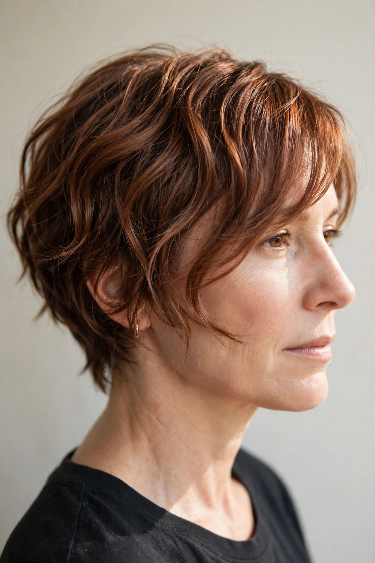 Wavy pixie with a long side fringe in auburn, side view
