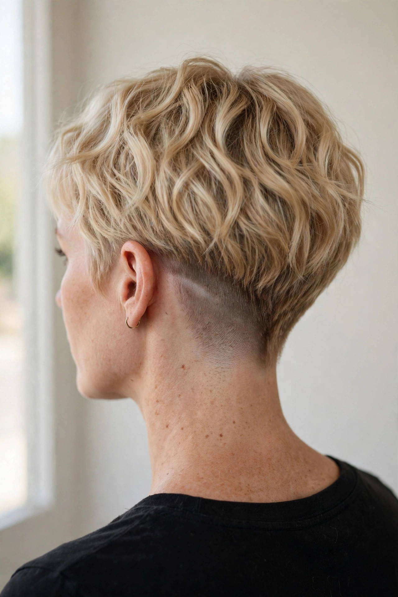 Soft undercut pixie for fine waves in blonde, side-back view