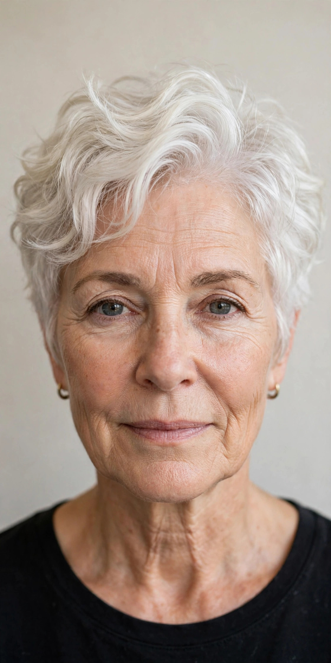 Platinum wavy pixie with root lift, front view