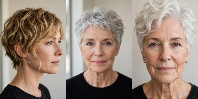 Collage of three pixie cuts for thin wavy hair: tousled honey-blonde pixie, silver cropped pixie and platinum wavy pixie