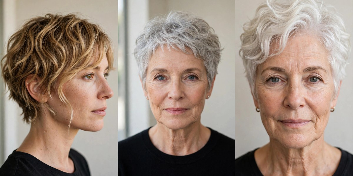 Collage of three pixie cuts for thin wavy hair: tousled honey-blonde pixie, silver cropped pixie and platinum wavy pixie