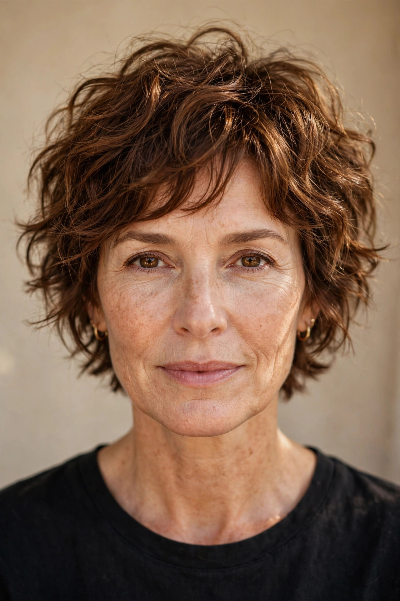 Tousled wavy pixie in warm chestnut brown