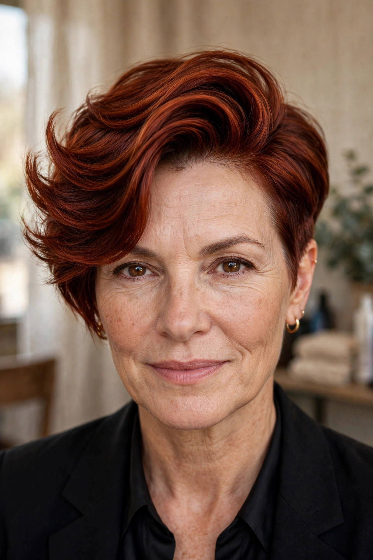 Deep side-part pixie in rich auburn red
