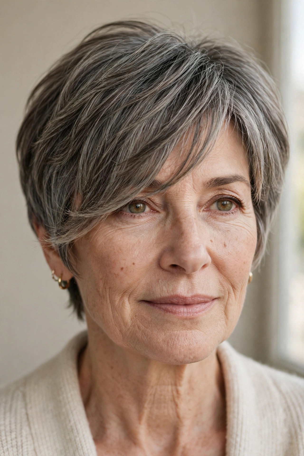 Layered pixie with side fringe in salt-and-pepper gray