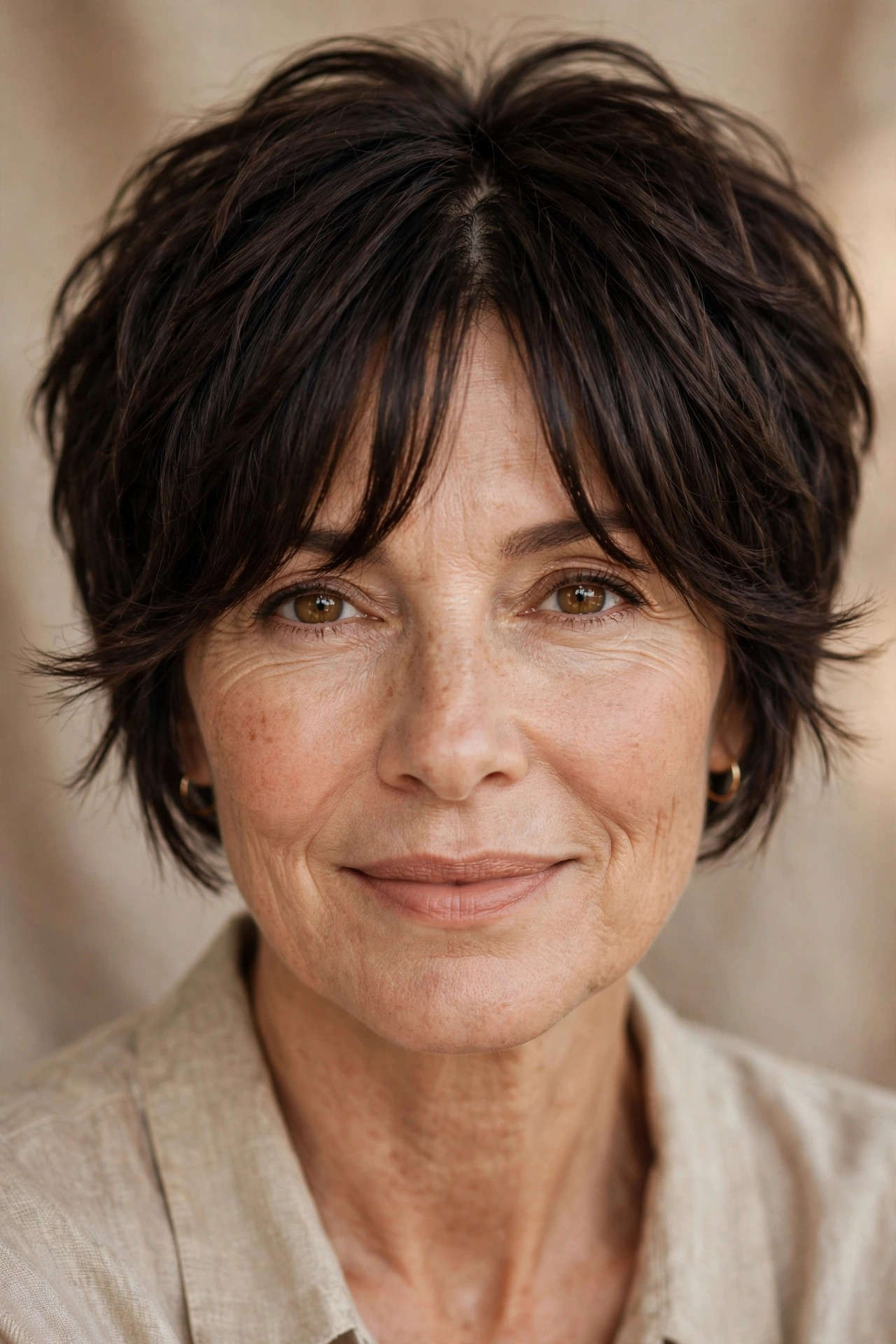 Pixie with soft curtain bangs in espresso brown