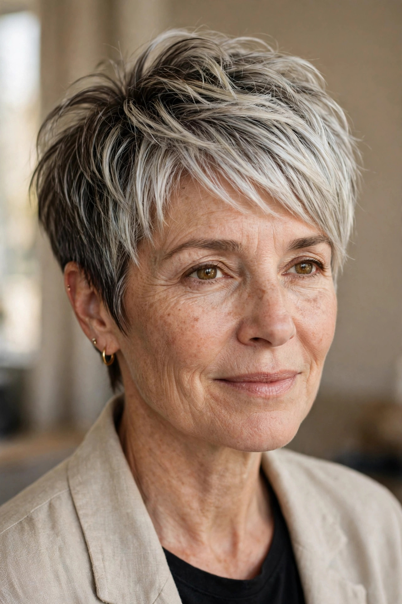 Rooted two-tone pixie with dark roots and silver lengths
