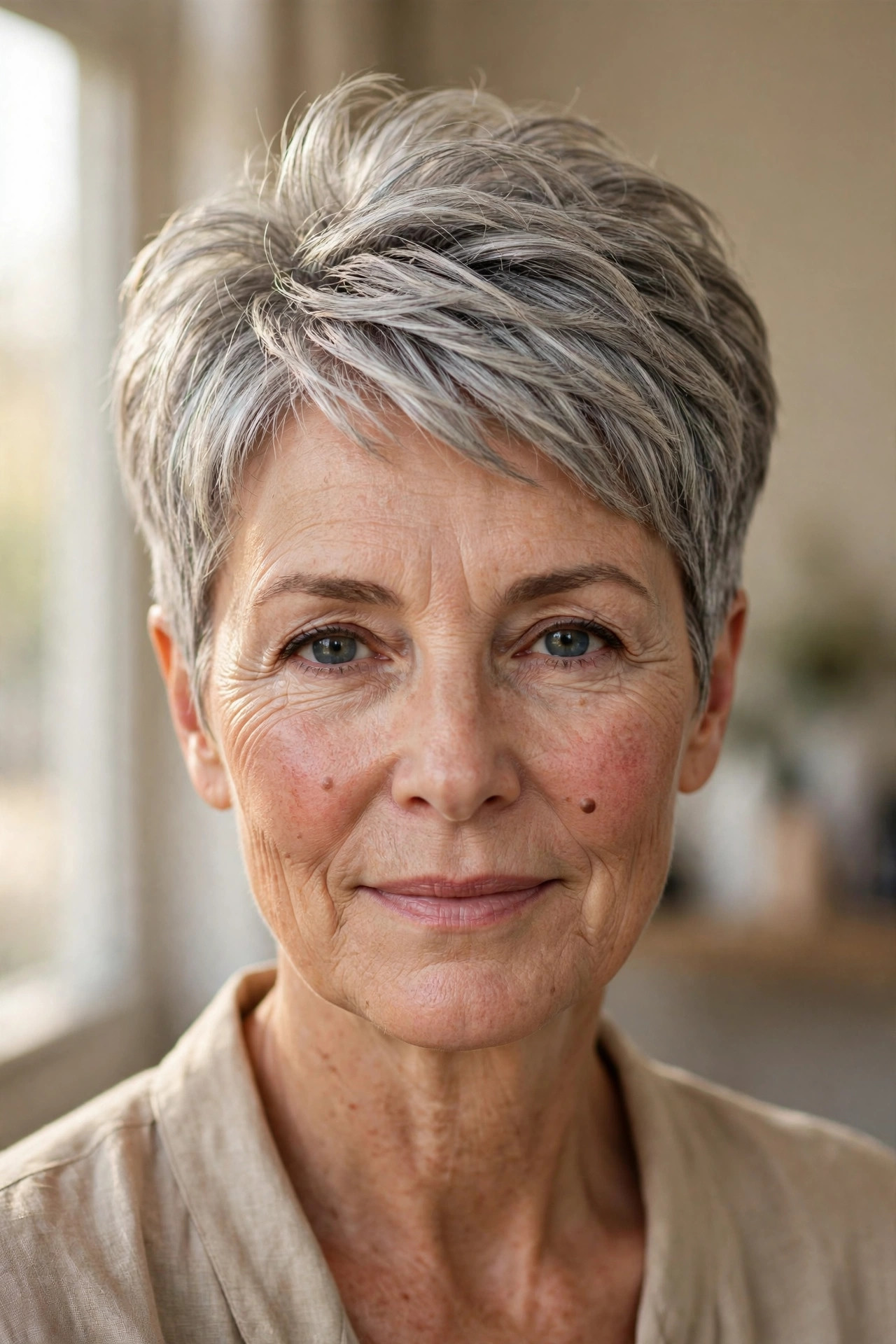 Classic tapered pixie with lifted crown on silver hair