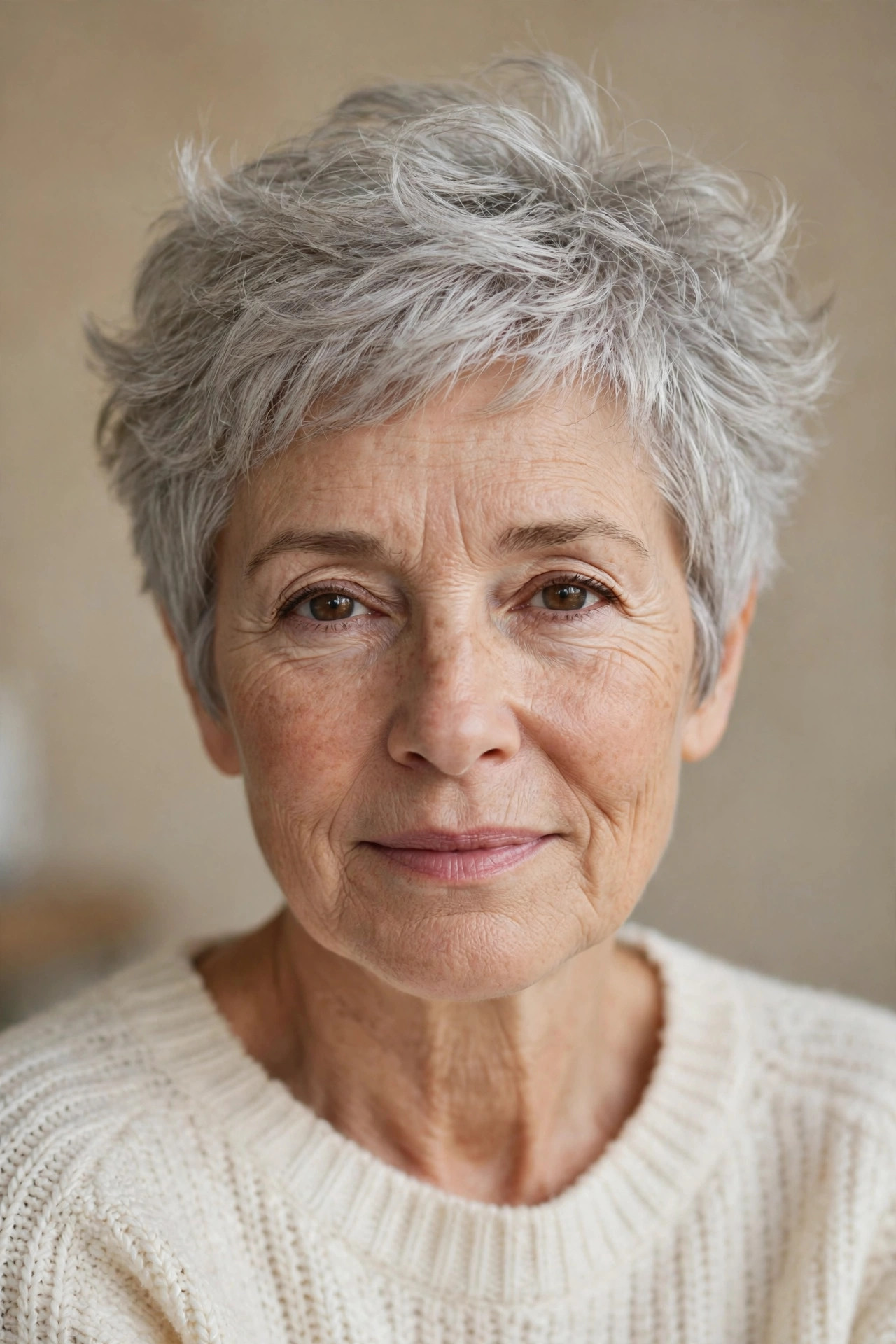 Wash-and-go air-dried pixie in natural gray