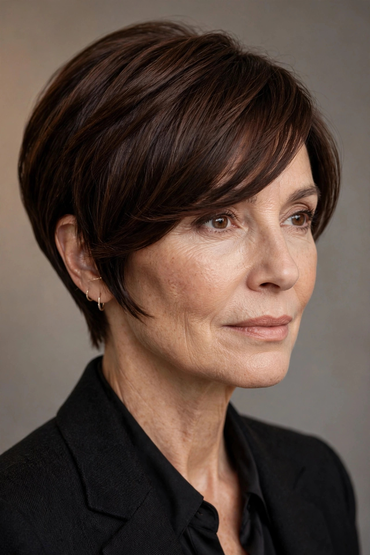Side-swept long pixie in glossy brunette