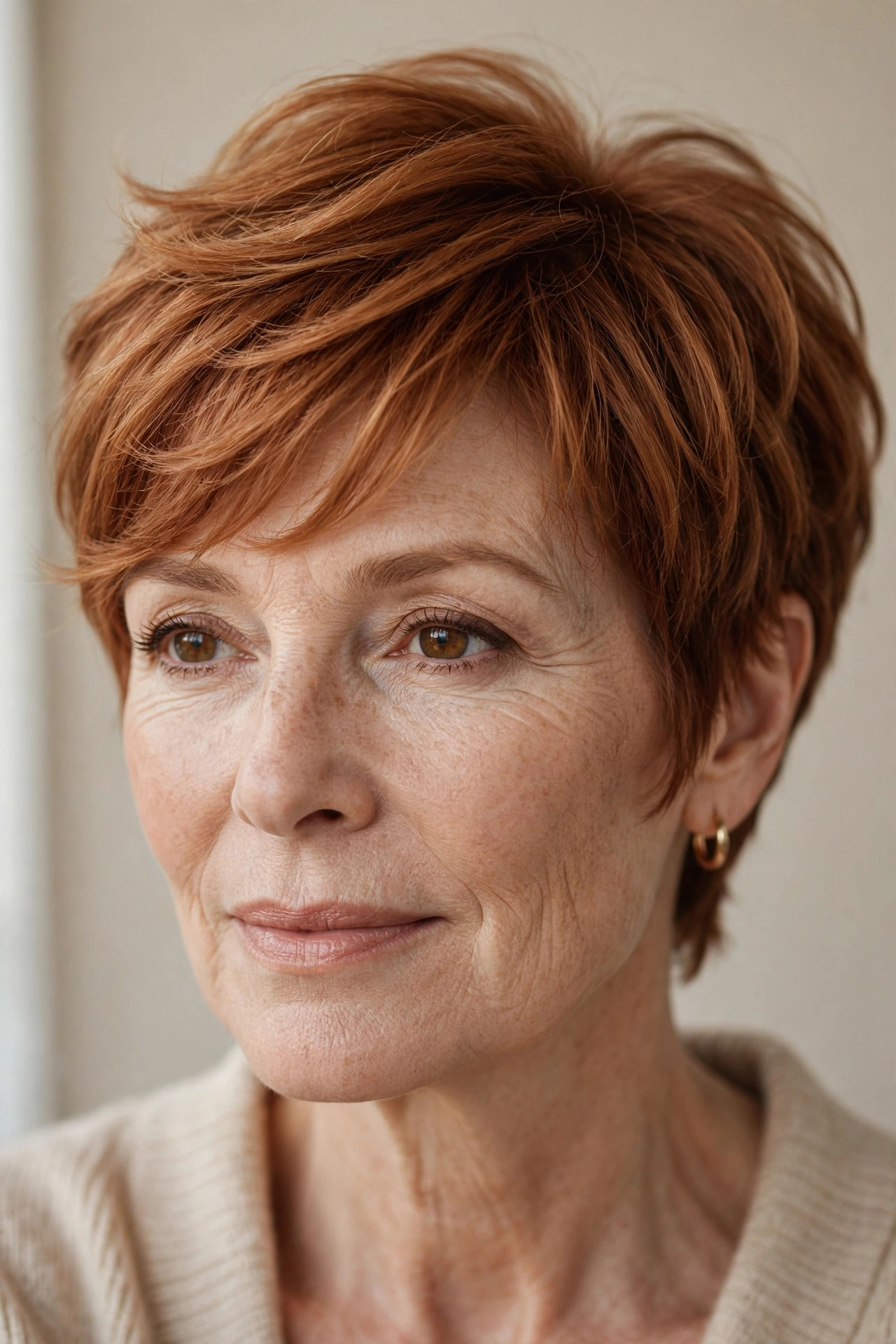 Feathered pixie with wispy auburn bangs