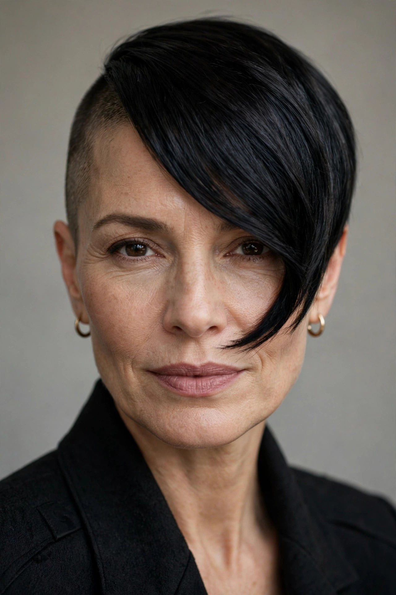 Asymmetric pixie with diagonal black fringe