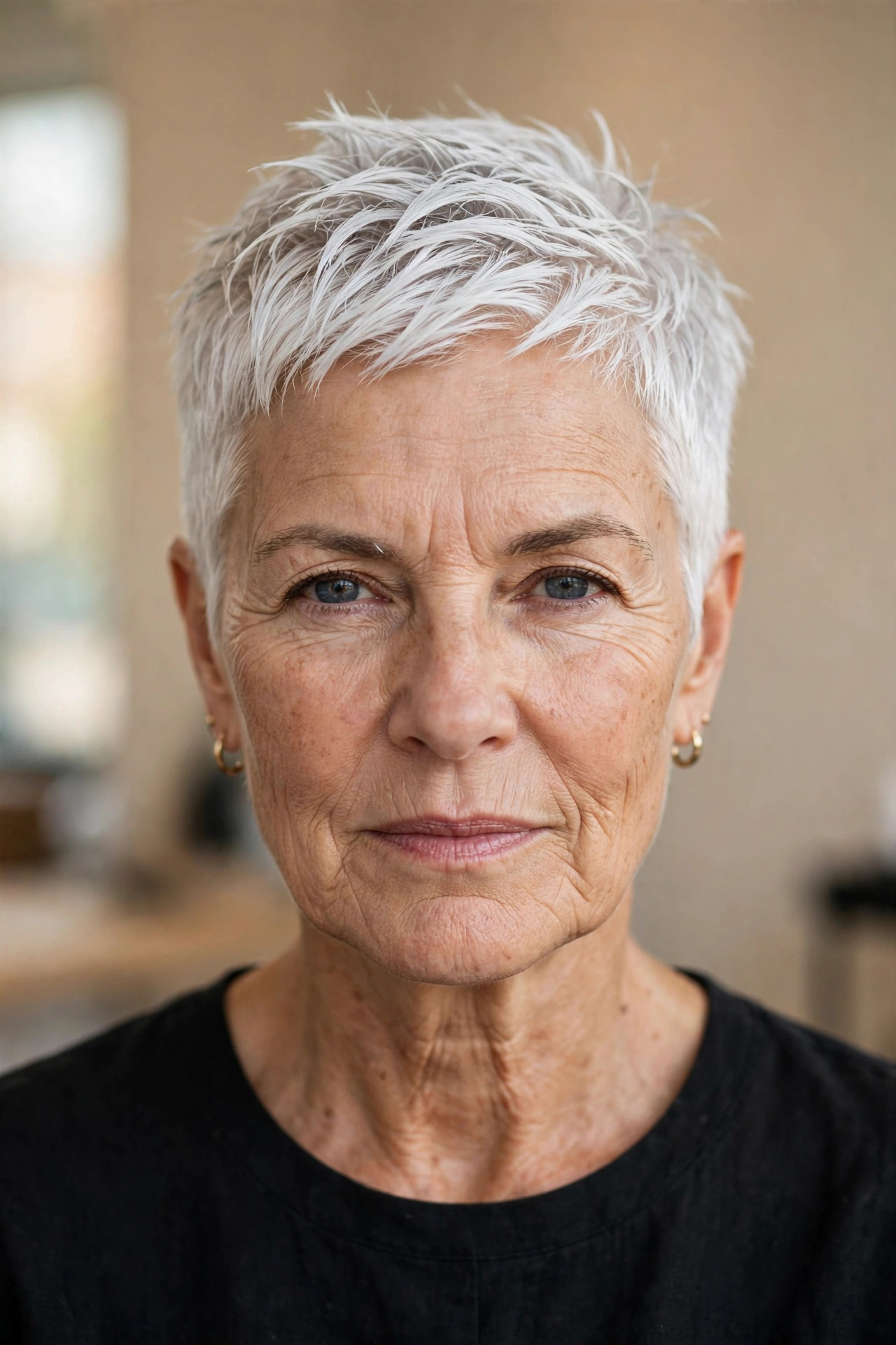 Cropped pixie with matte texture on white-silver hair